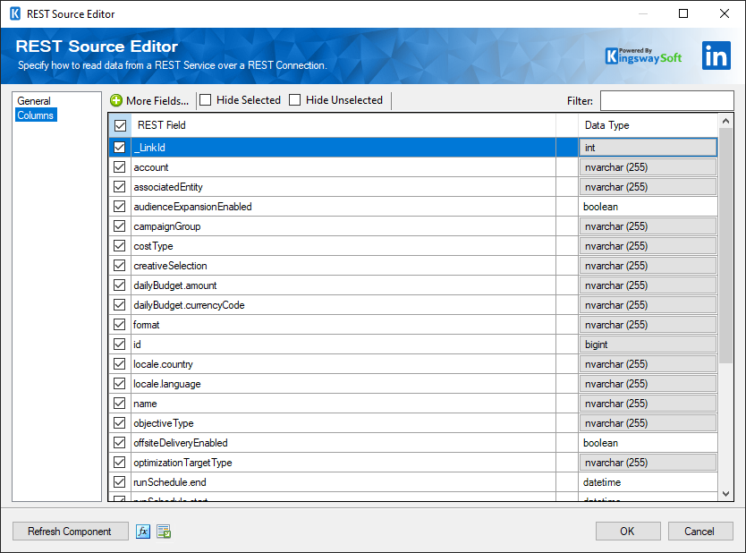 SSIS LinkedIn Business REST Source - Columns